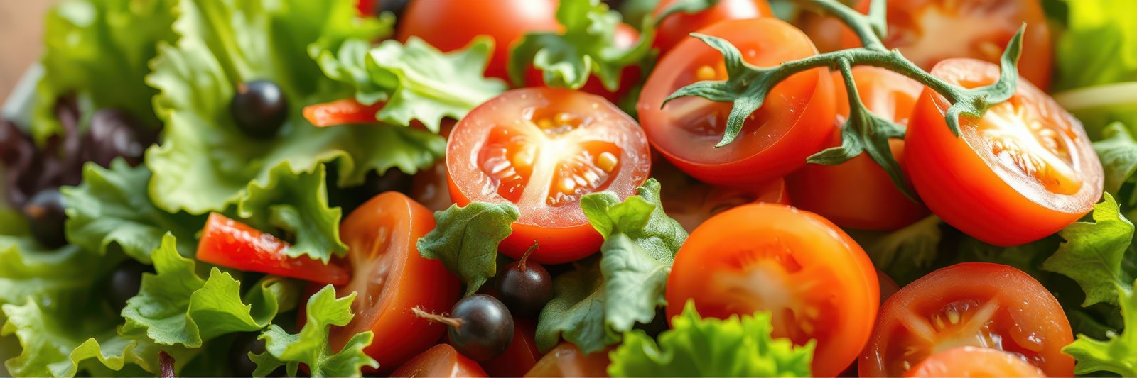 Fresh garden salad with cherry tomatoes and leafy greens prepared in a rustic kitchen setting